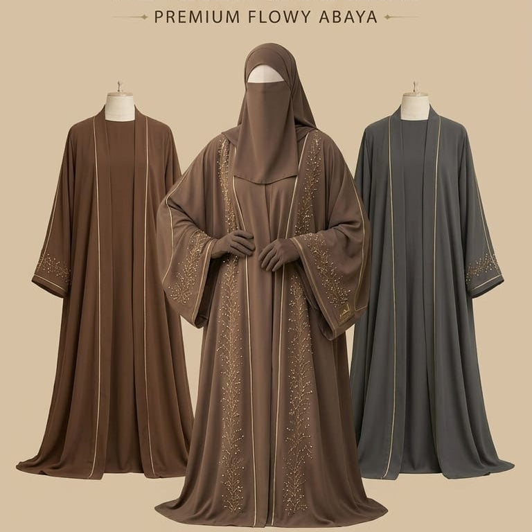 Collection of abayas in various colors on a beige background